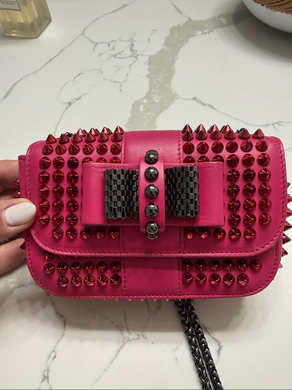 Christian Louboutin Mini Hot Pink Studded Bow Crossbody Bag with Gunmetal Chain